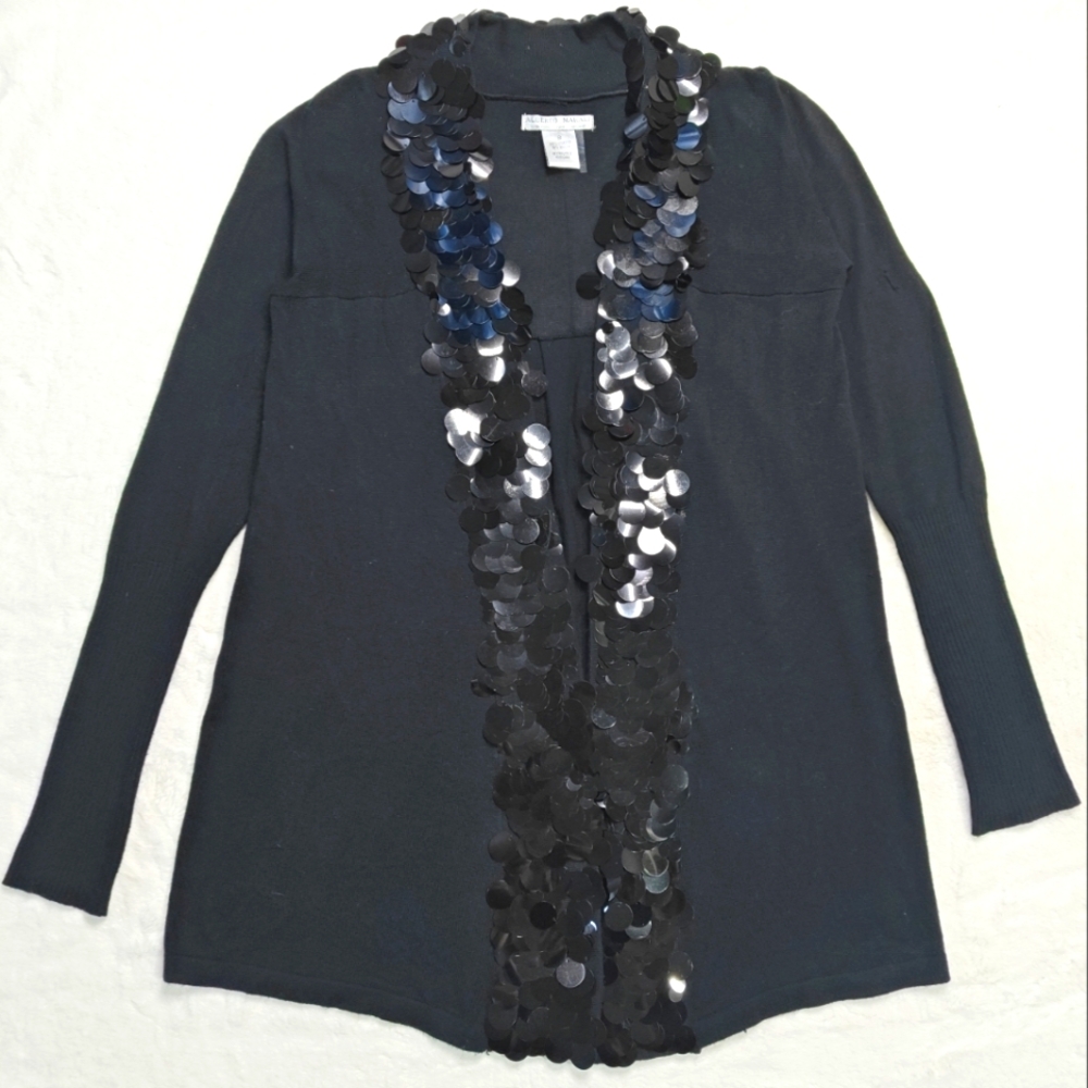 Alberto Makali Small‎ Black Open Front Long Shiny Chunky Sequin Sweater Cardigan